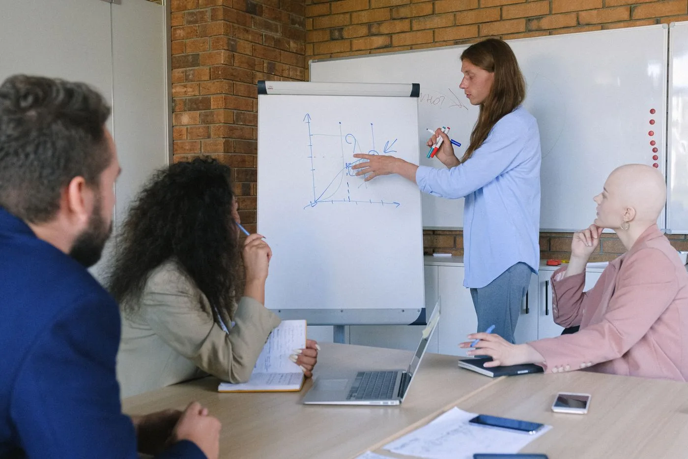 Group of pensive coworkers sitting at wooden table with gadgets and documents and listening presentations of colleague drawing graph in flip