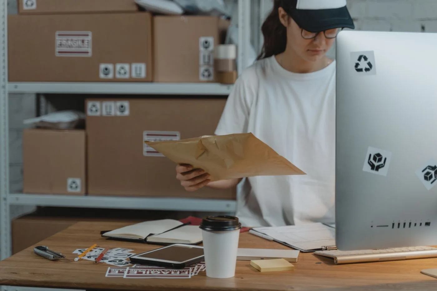 Woman sorting parcels at her desk in a logistics office, demonstrating efficient workspace organization