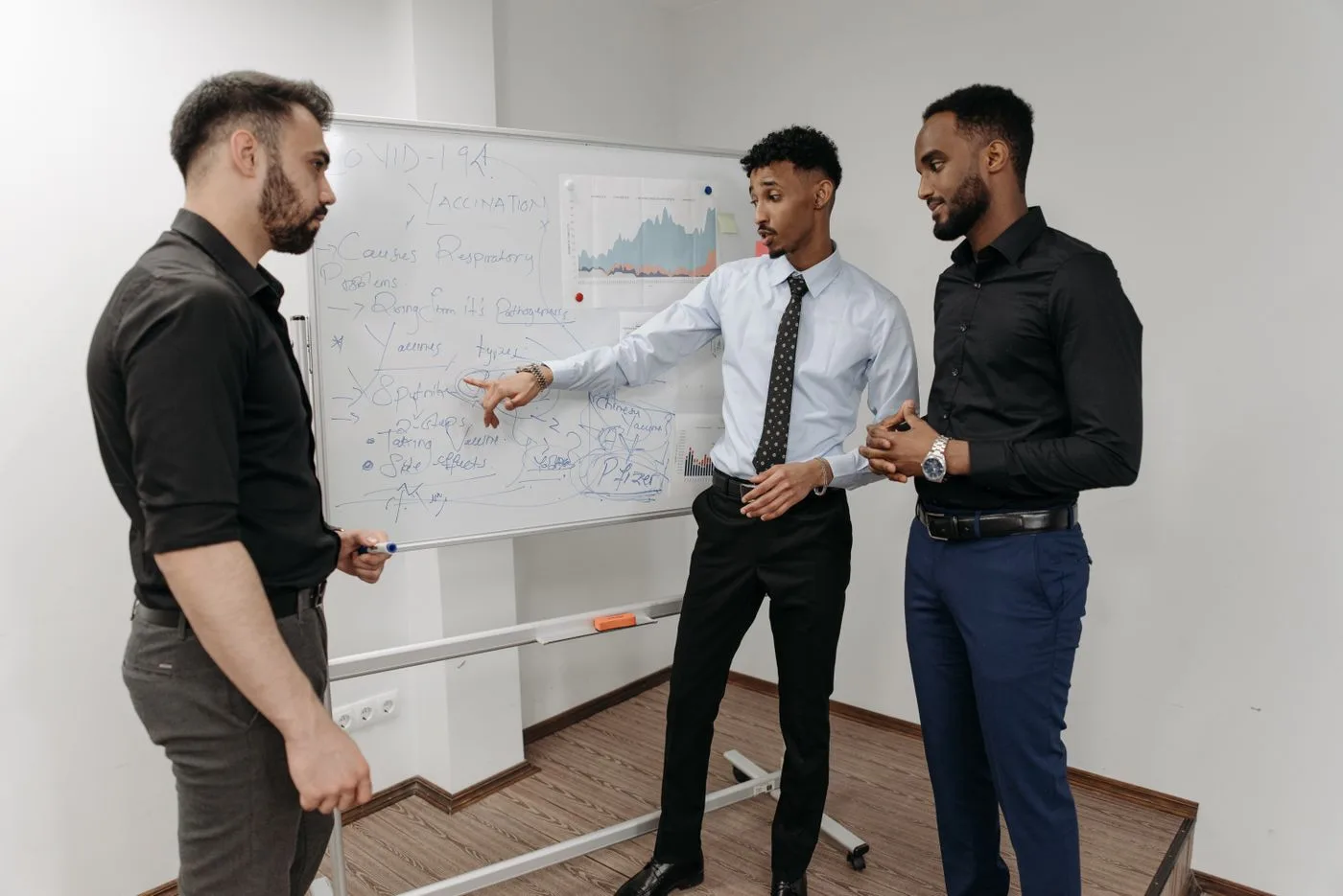 Three professionals discussing strategies at a whiteboard in an office setting