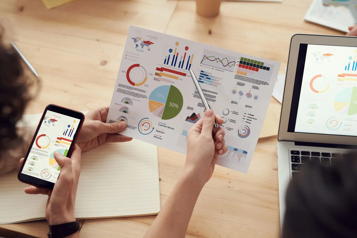 Team members analyze charts during a business meeting with laptops and smartphones