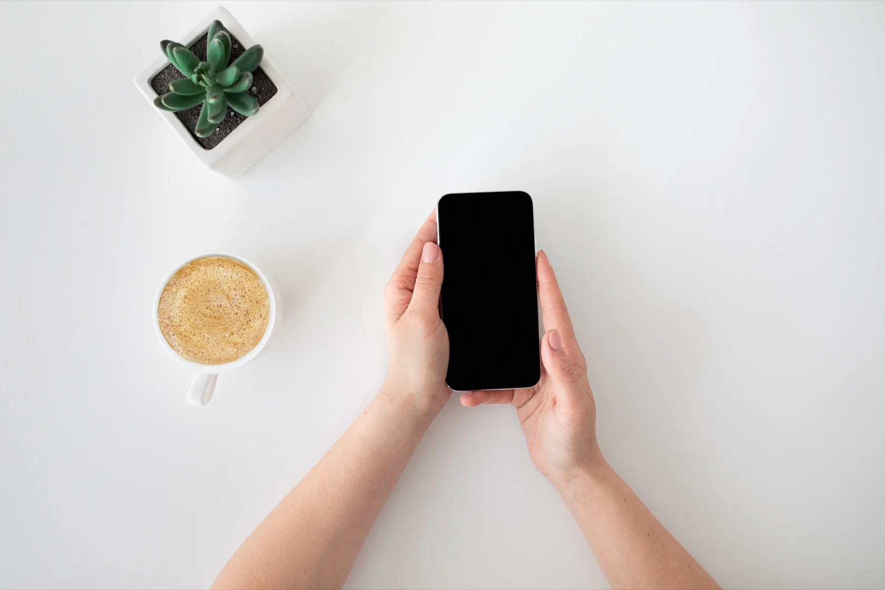 Overhead view of hands holding a smartphone on a white desk beside a coffee and a small succulent