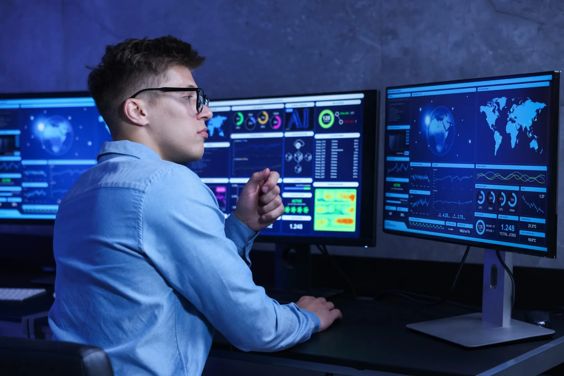 Focused young man working with complex data dashbo
