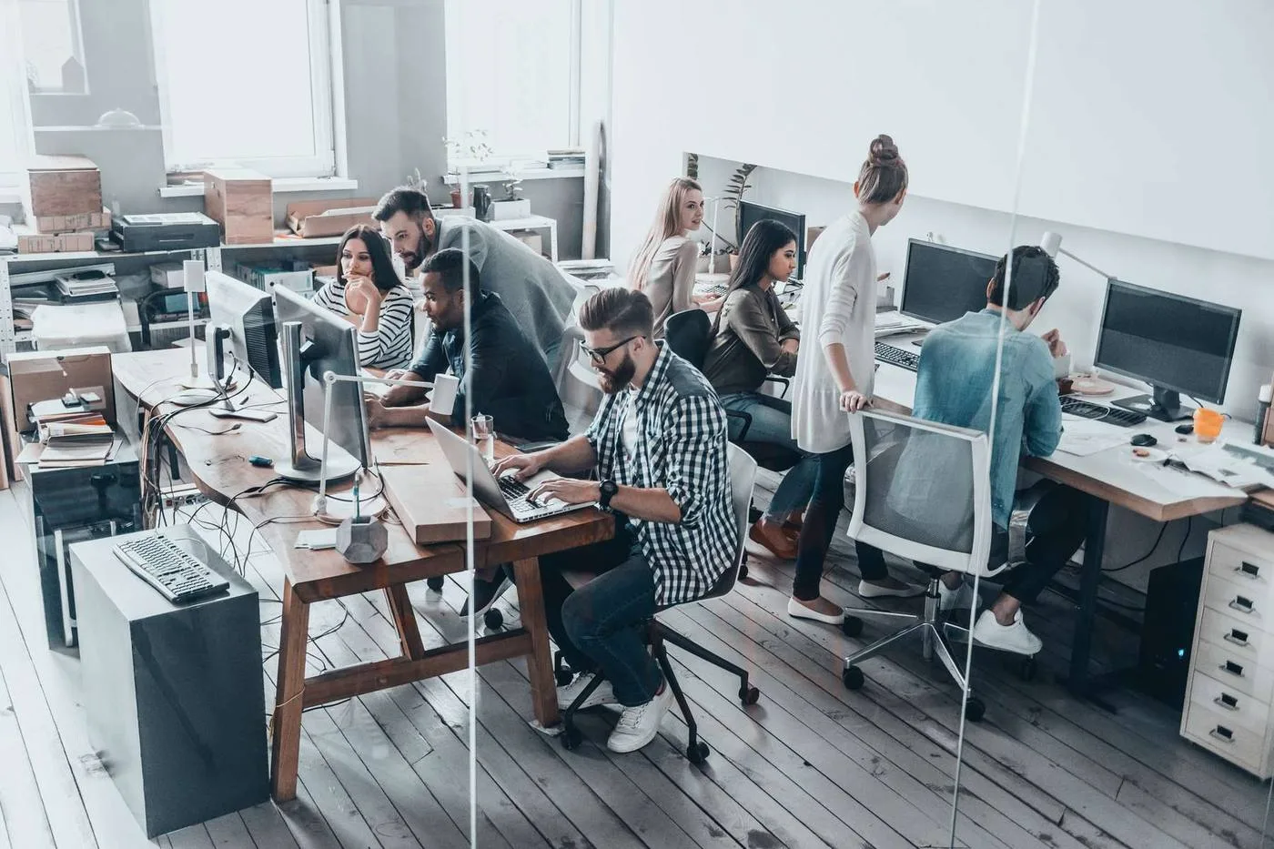 Team collaboration in a modern office space