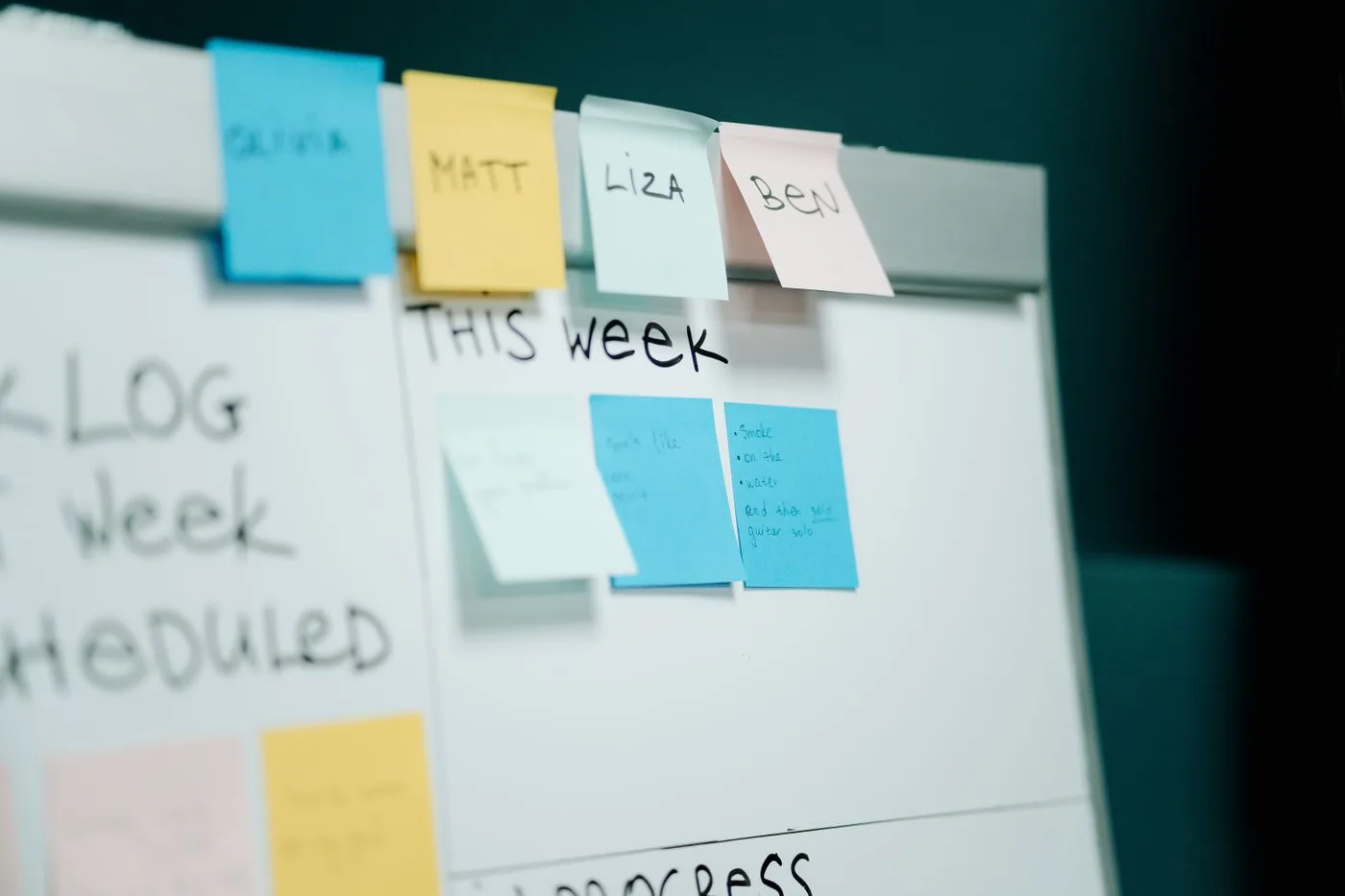 Close-up of a whiteboard with colorful sticky notes for task organization and planning