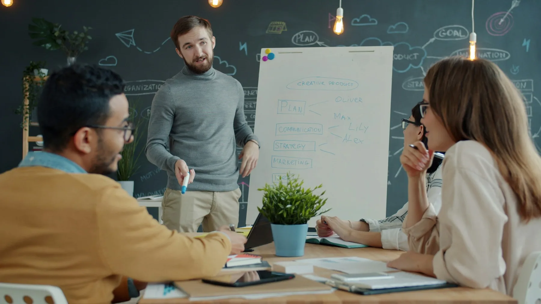 Team planning an online marketing strategy at a whiteboard mapping plan, communication, strategy and marketing steps.