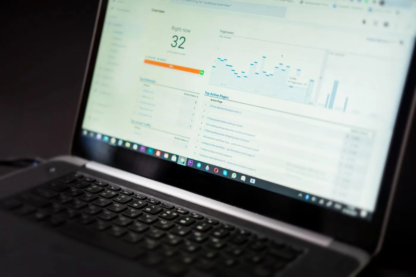 A laptop displaying an analytics dashboard with real-time data tracking and analysis tools