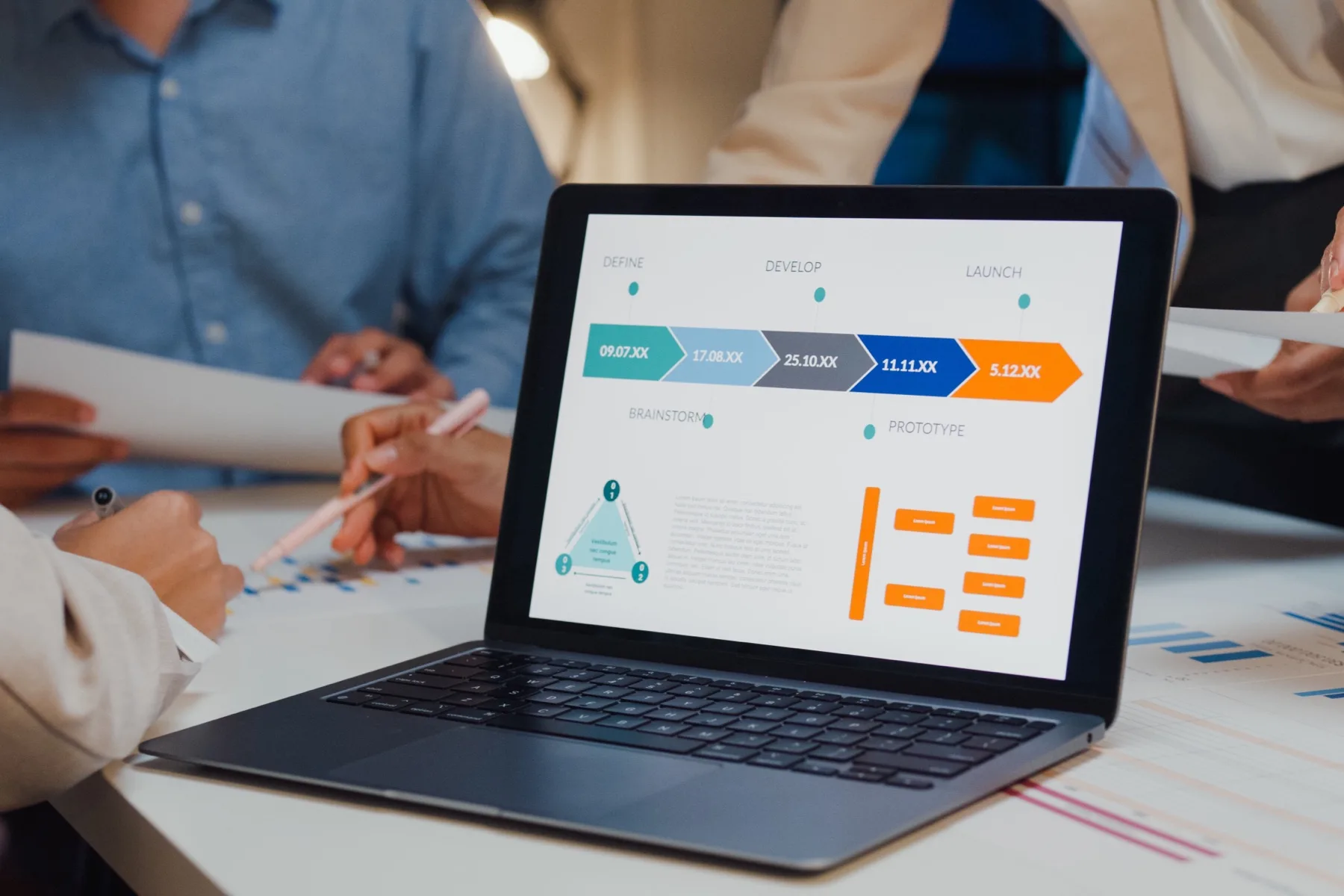 Laptop showing a strategy slide during a team meeting