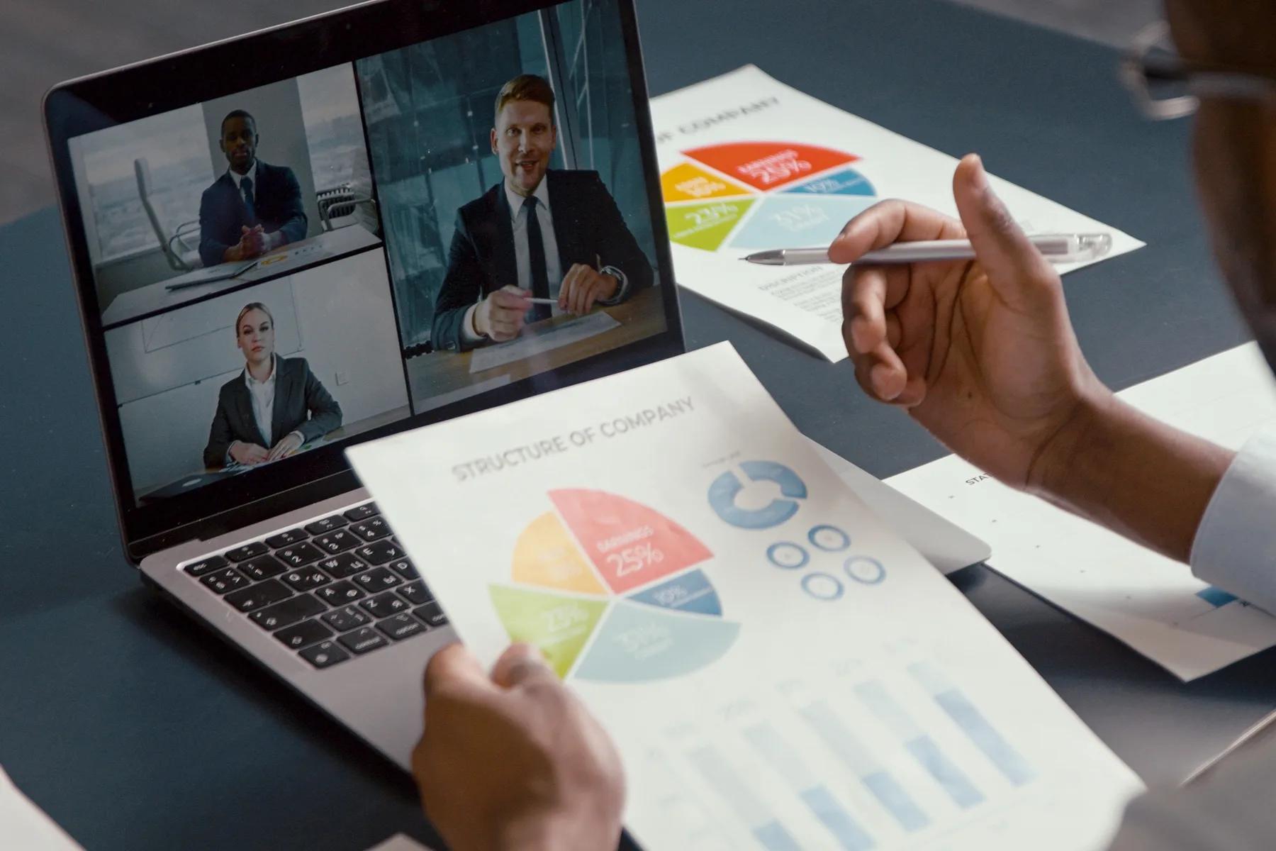 Hands holding printed pie charts next to a laptop on a video call