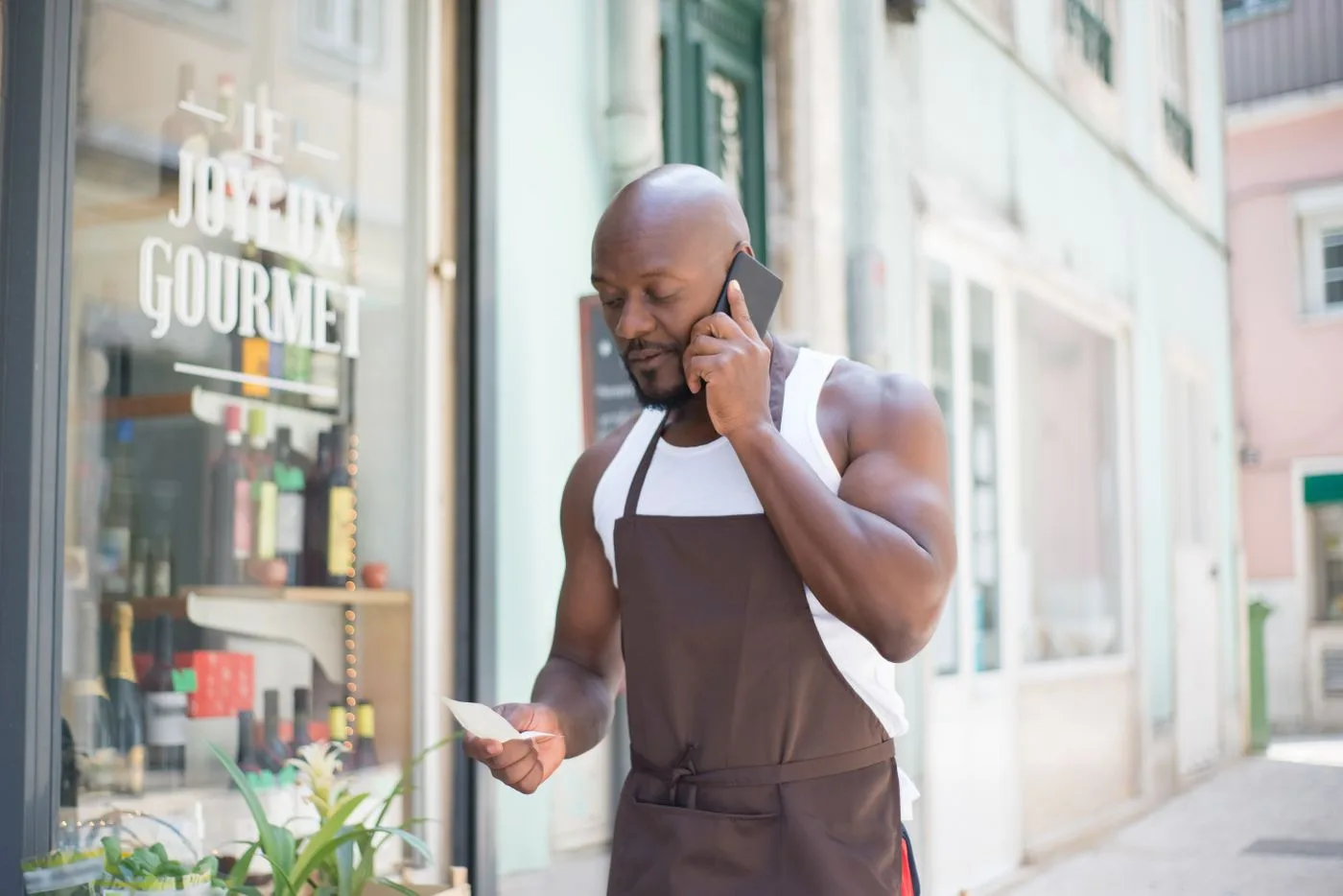 Man in apron making a business call outside a gourmet store in Portugal, checking notes