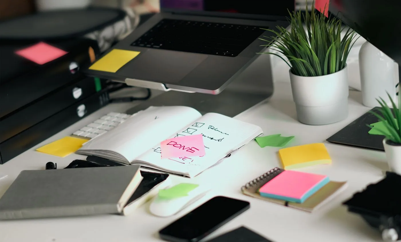 A cluttered office desk featuring a laptop, notebooks, and checklists amid colorful sticky notes